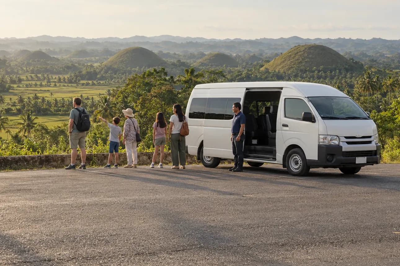 A family steps out of a white private van to look at the Chocolate Hills, Bohol