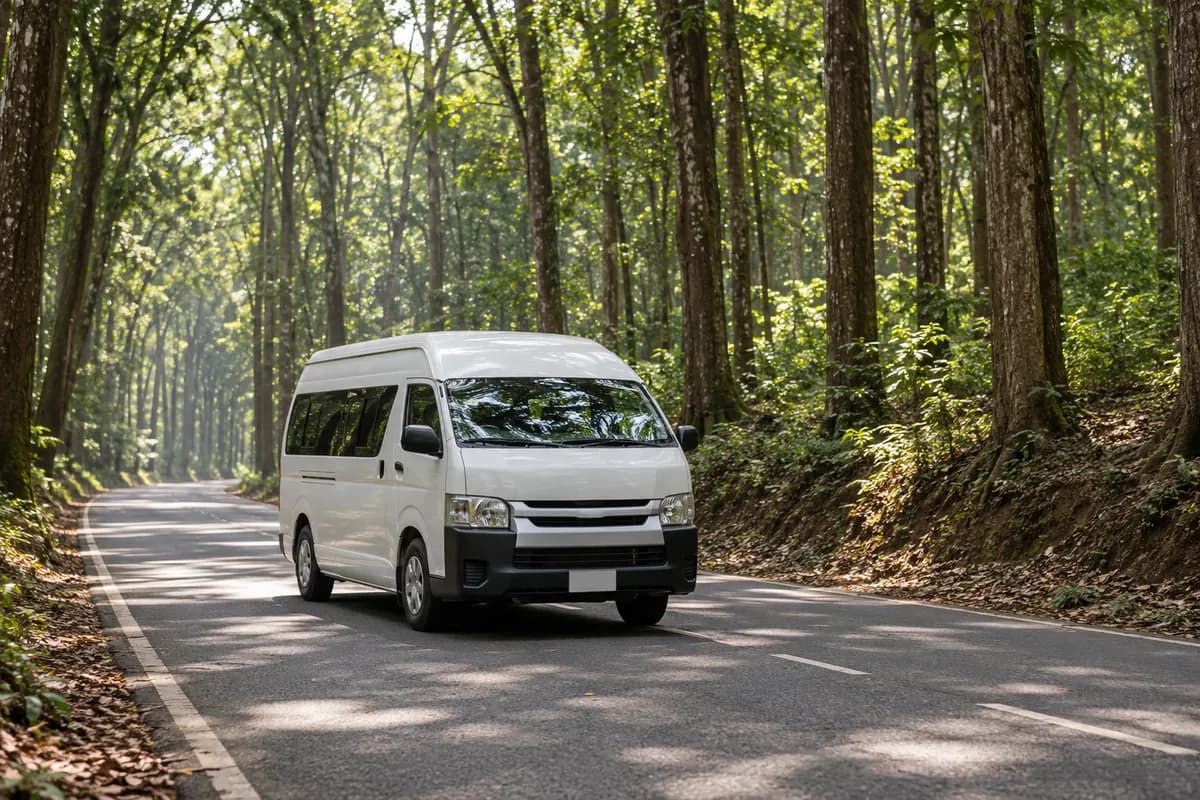 A white private van on the road through the Bilar mahogany forest, Bohol